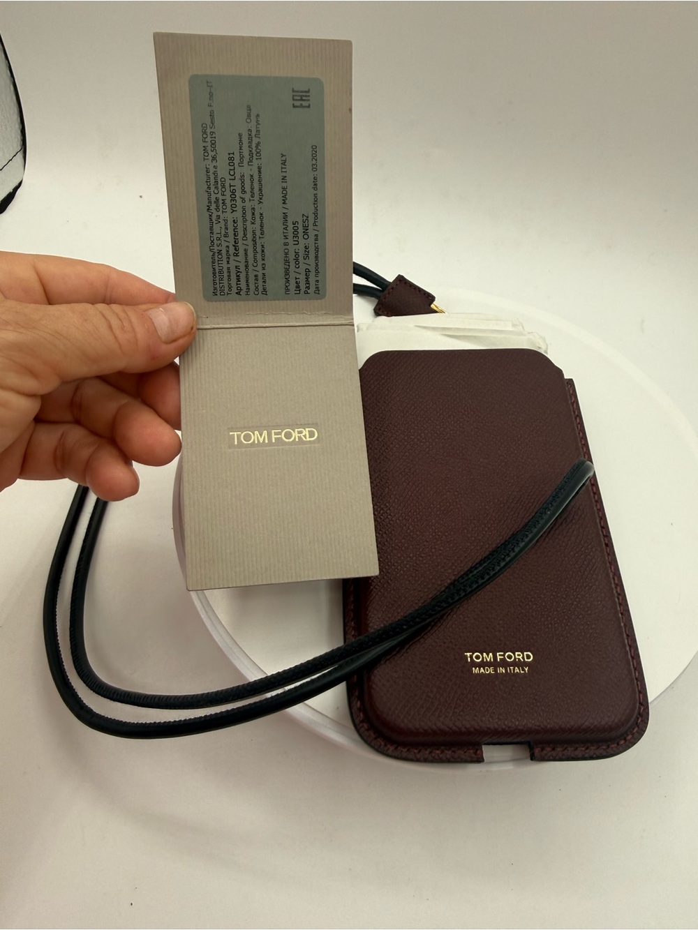 Tom Ford Burgundy Leather Phone Pouch with Black Strap